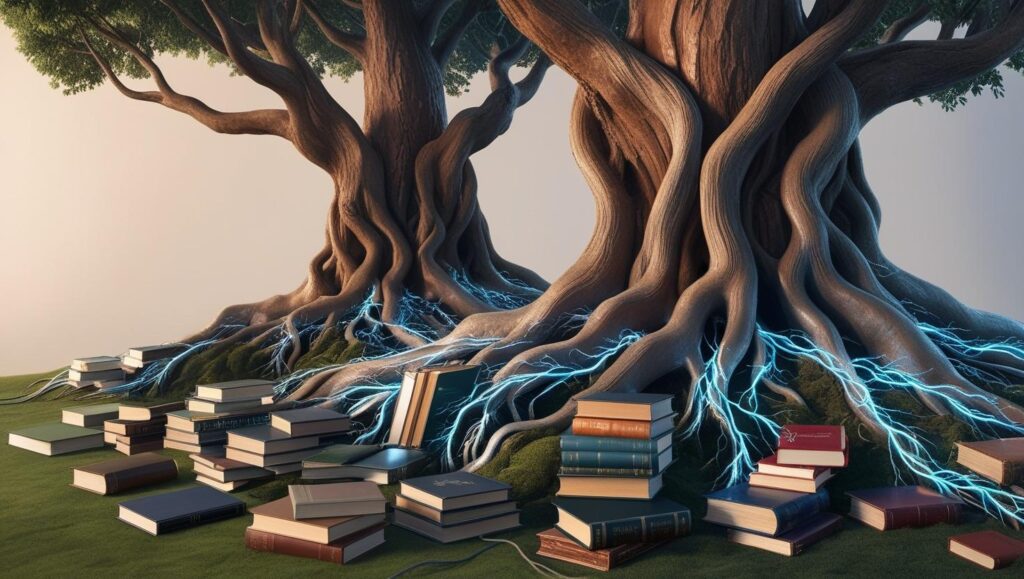 Metafora visiva di alberi le cui radici sono circuiti elettrici che nutrono libri. Illustrazione realistica. Rappresenta crescita organica supportata da strutture solide